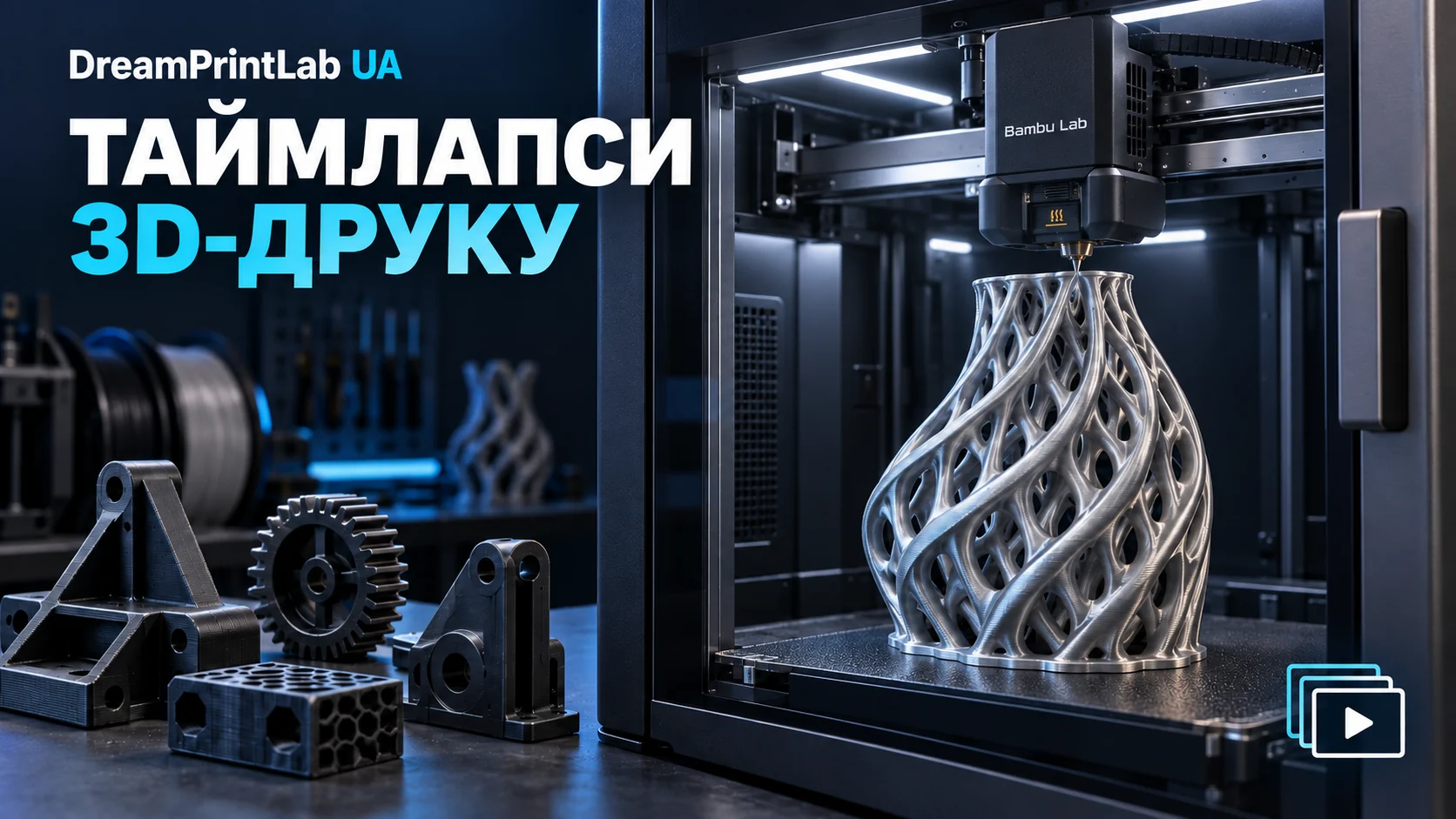 Обкладинка плейлиста DreamPrintLab UA: таймлапси 3D-друку
